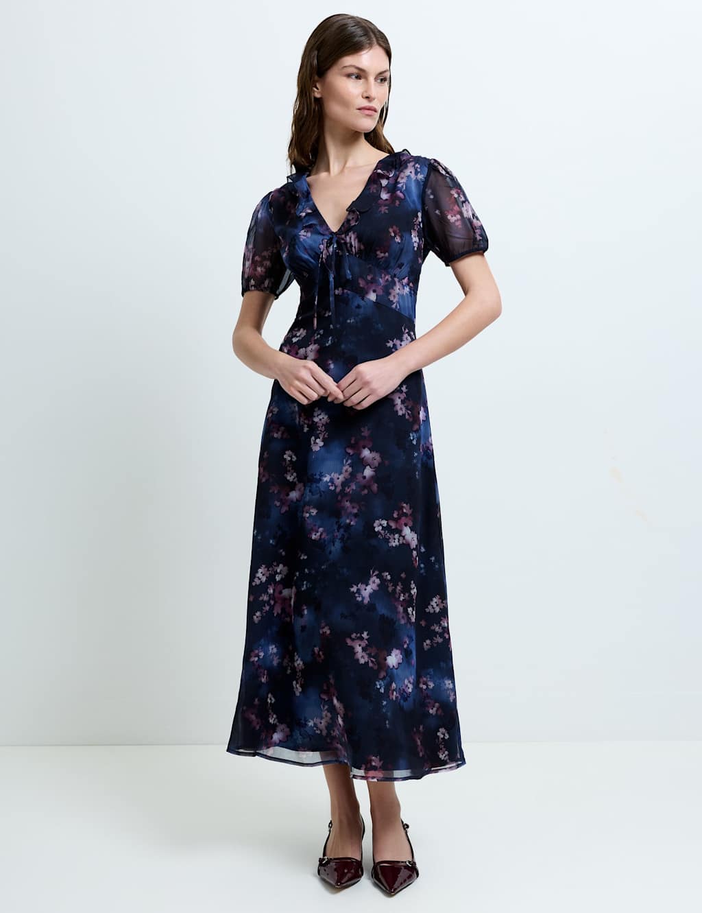 French Connection Women's Floral V-Neck Midi Smock Dress - 12 - Dark Navy Mix - Available at M&S