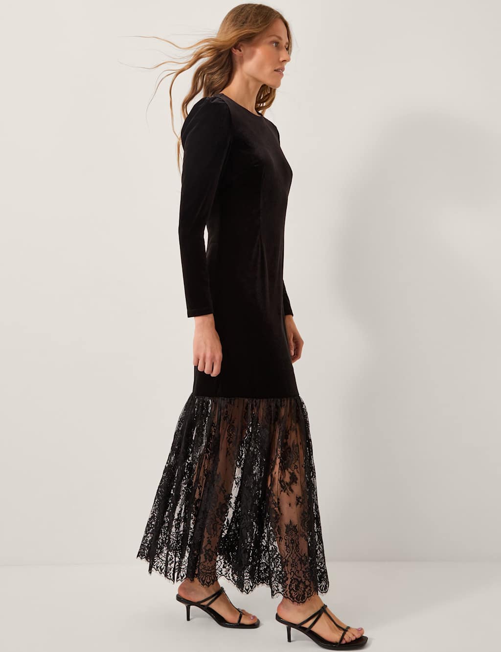 Monsoon Velvet Lace Midaxi Column Dress Black