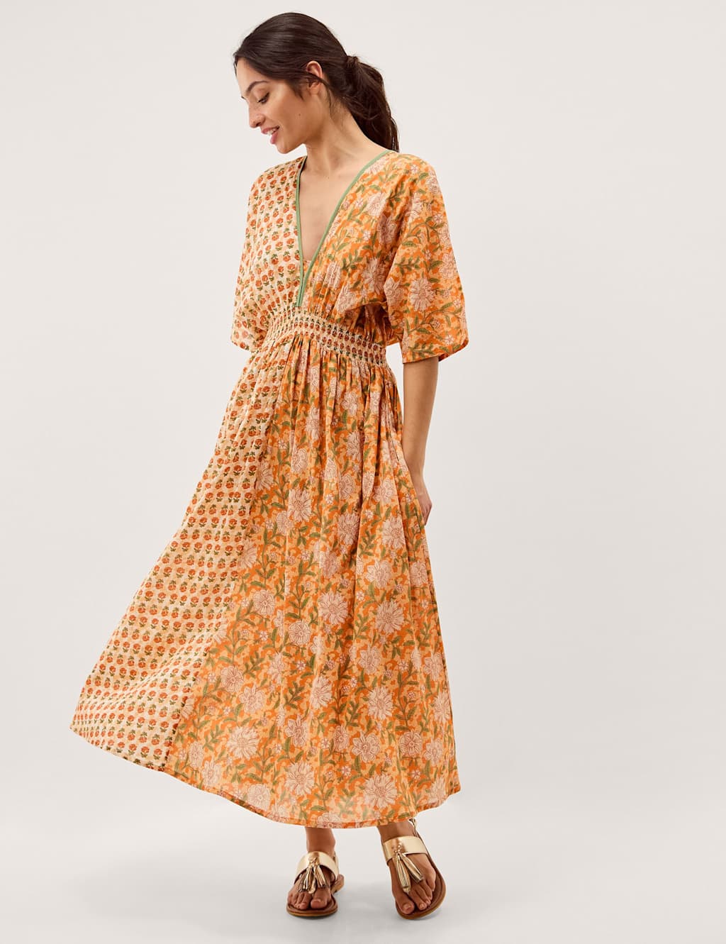 Monsoon Women's Pure Cotton Floral V-Neck Maxi Waisted Dress - Medium - Orange Mix - Available at M&S