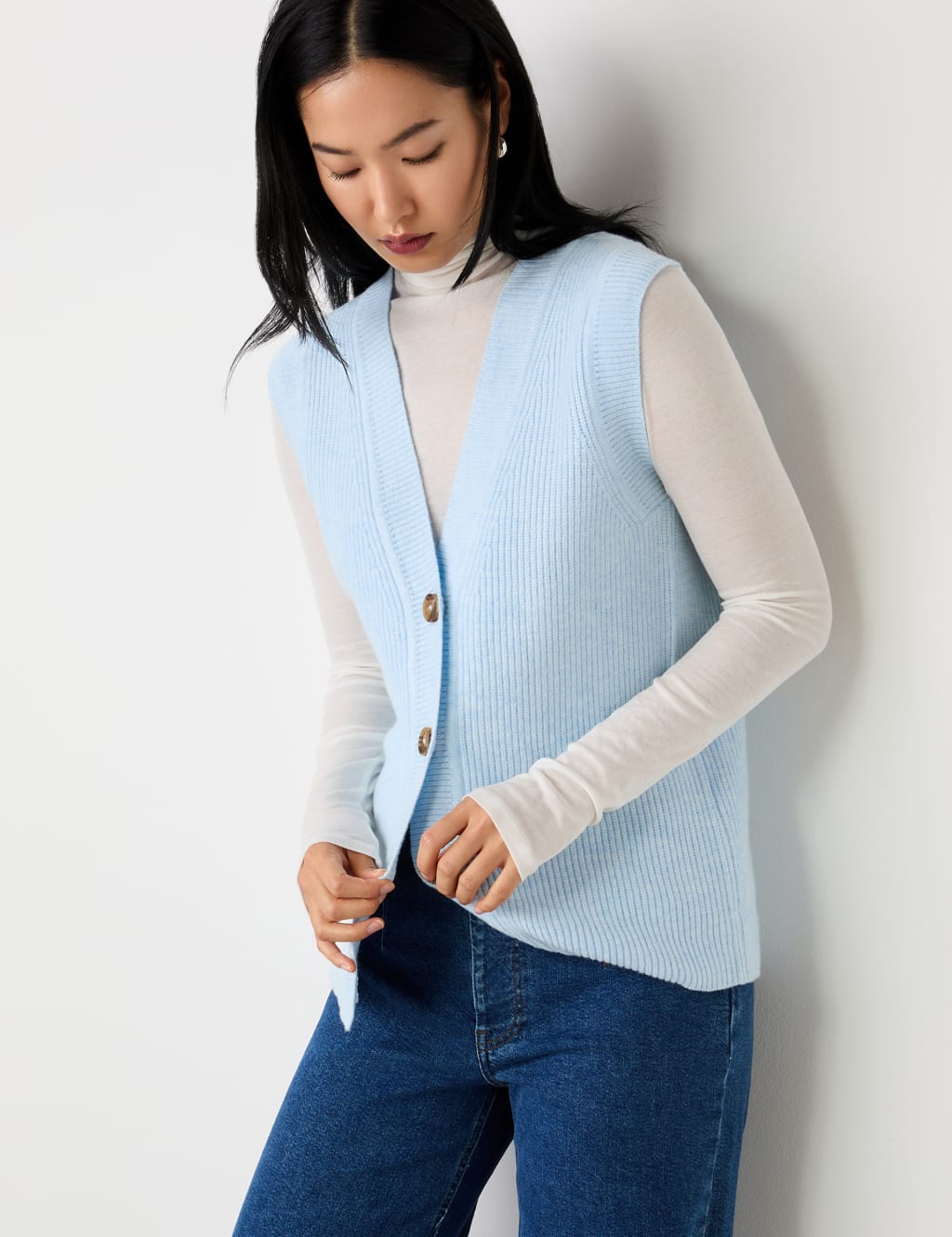 Cotton Rich Ribbed V-Neck Knitted Vest