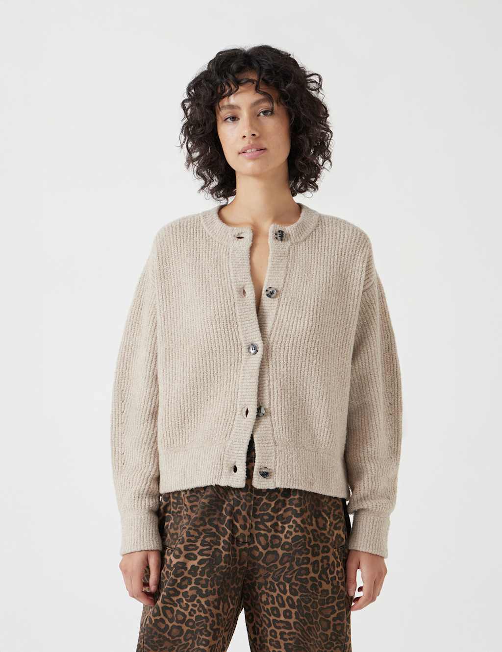 HUSH Ribbed Button Front Cardigan with Wool Oatmeal