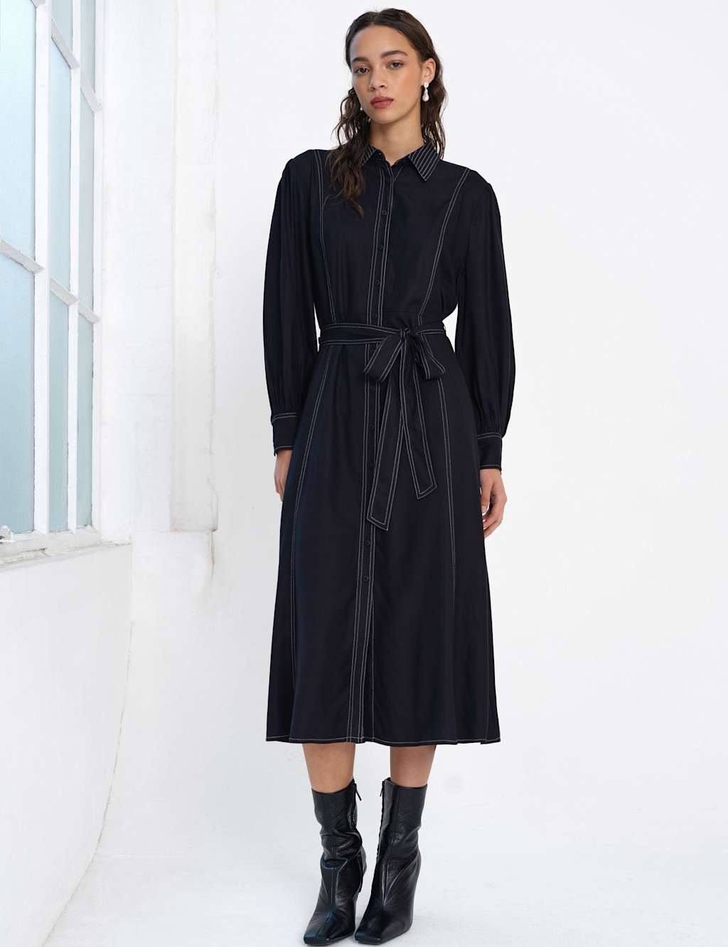 French Connection Women's Belted Midi Shirt Dress - 8 - Black Mix - Available at M&S