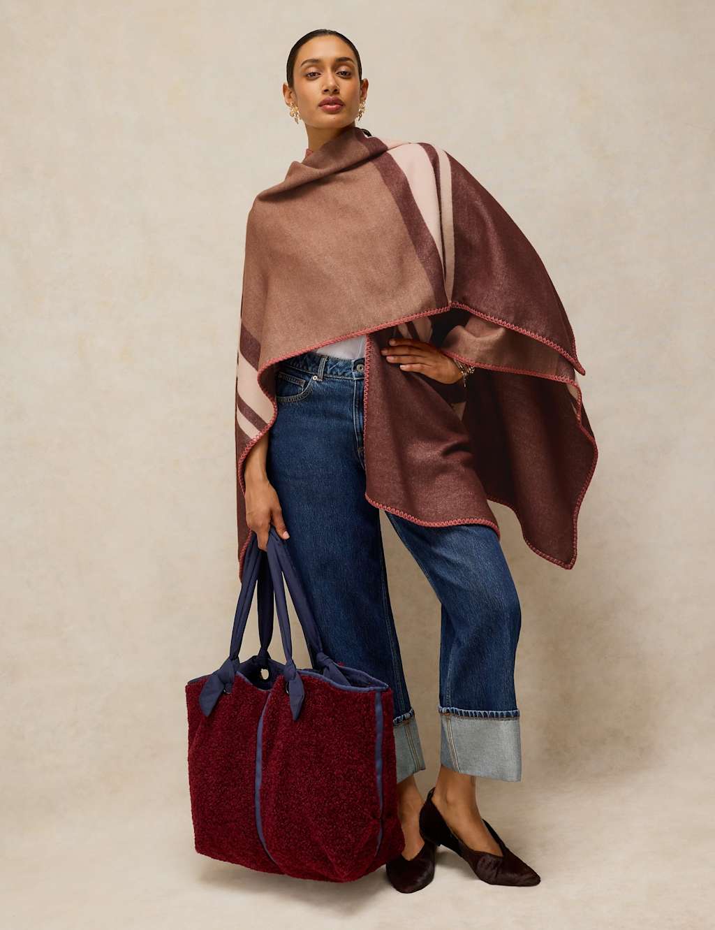 White Stuff Women's Stripe Detail Poncho - Brown Mix - Available at M&S