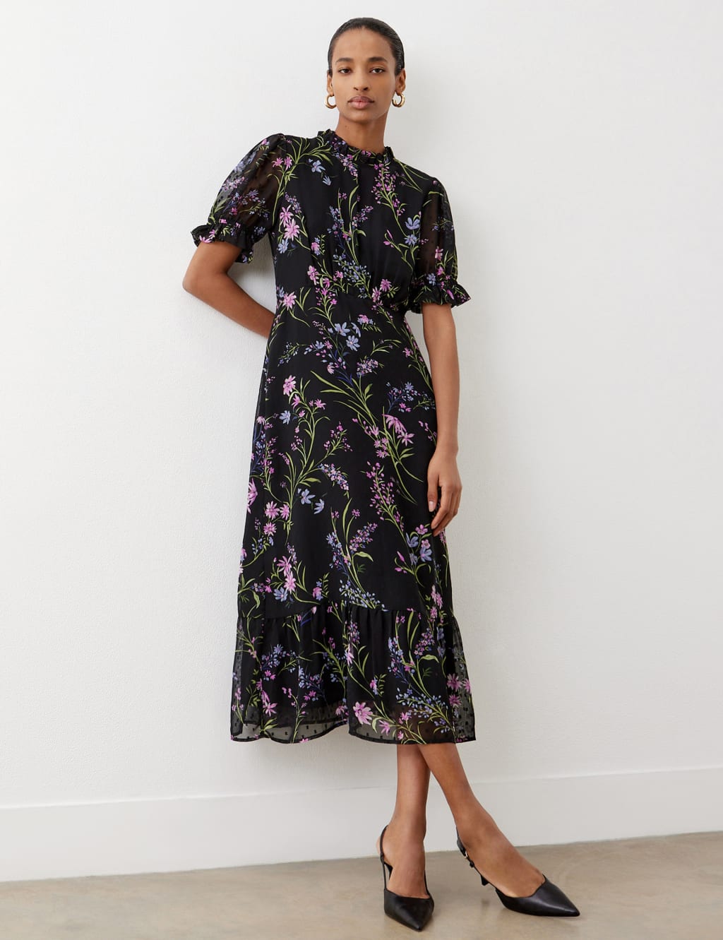 Floral Frill Sleeve Midi Tea Dress