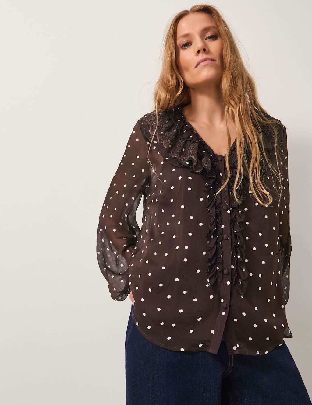 Monsoon Sheer Polka Dot Ruffle V-Neck Blouse Chocolate