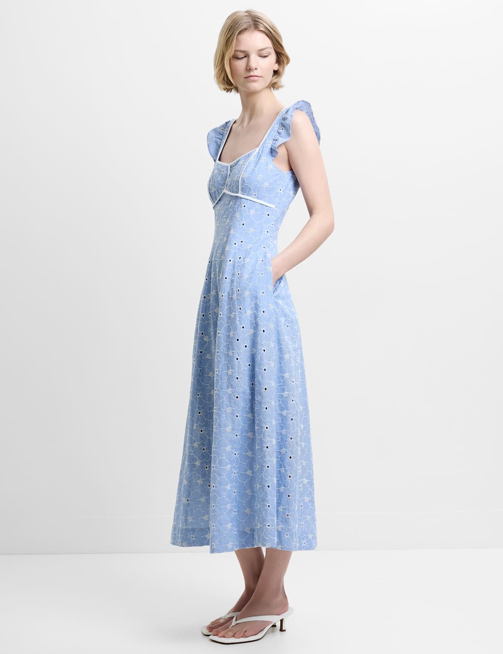 French Connection Women's Pure Cotton Broderie Square Neck Midi Dress - 10 - Light Blue Mix - Available at M&S