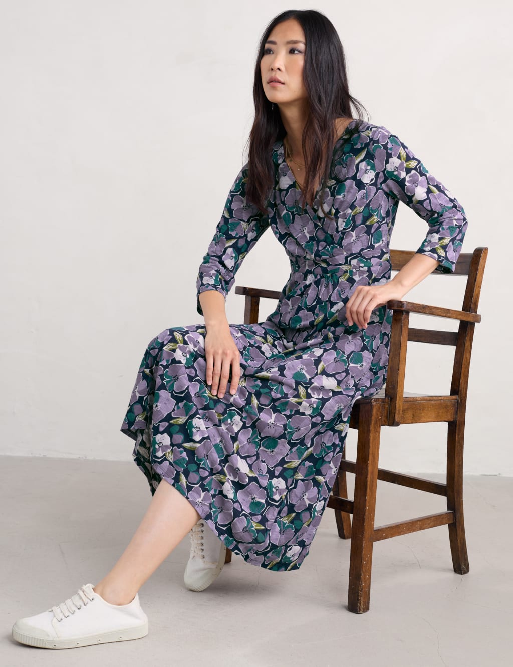 Pure Cotton Floral V-Neck Midi Wrap Dress
