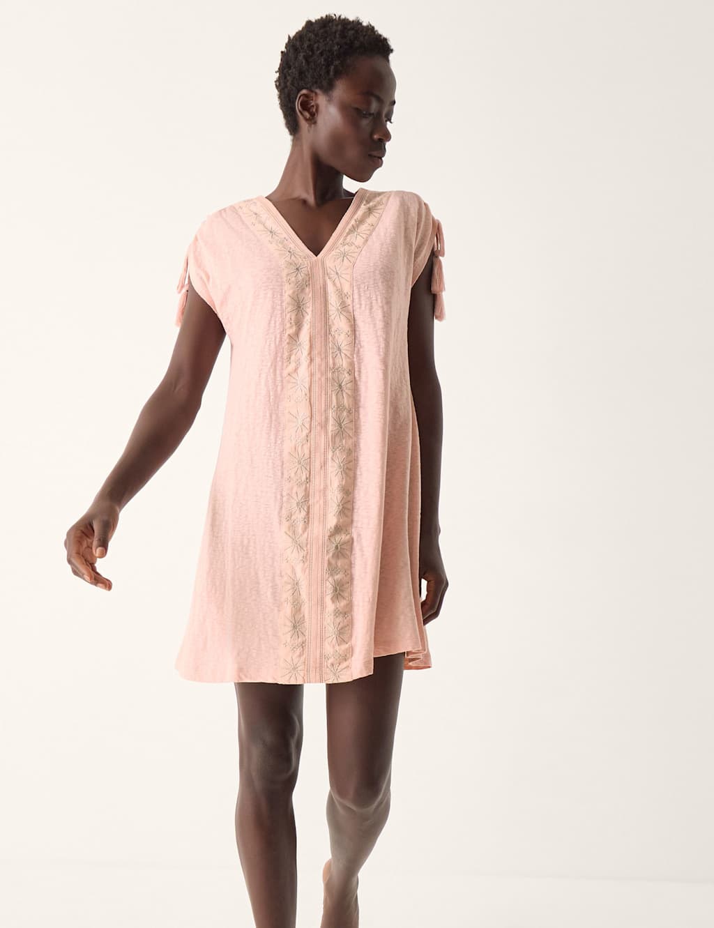 Monsoon Pure Cotton Embroidered V-Neck Mini Kaftan Pink