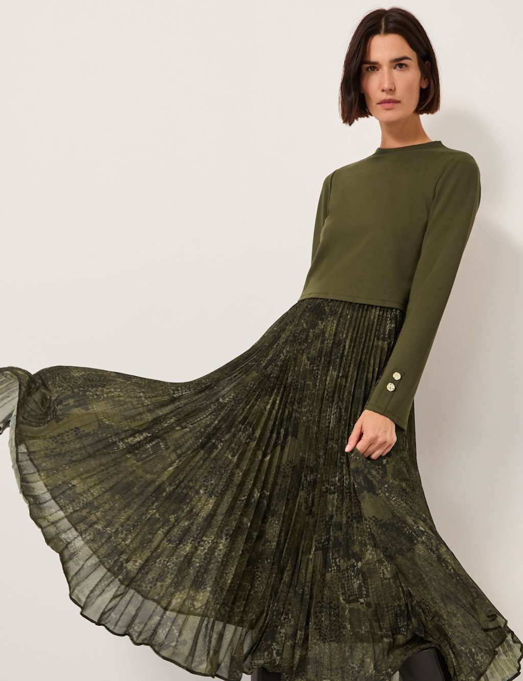 Monsoon Snake Print 2-in-1 Pleated Midi Tiered Dress Khaki