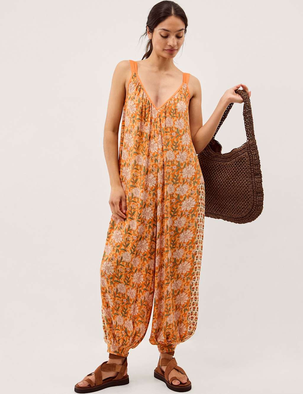 Monsoon Women's Floral V-Neck Sleeveless Jumpsuit - Small - Orange Mix - Available at M&S
