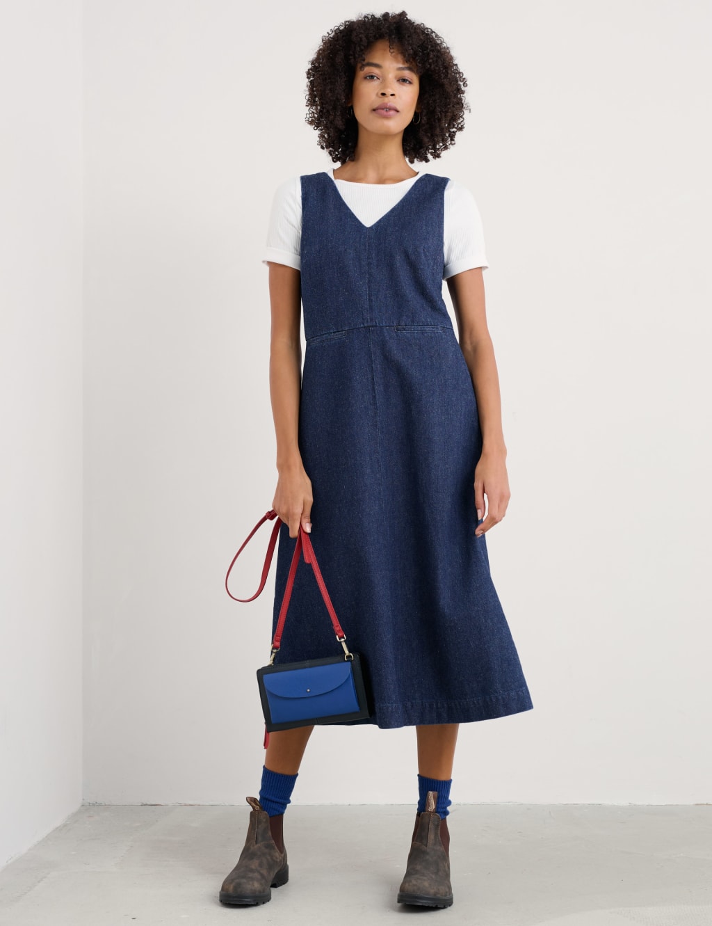 Denim V-Neck Midi Shift Dress