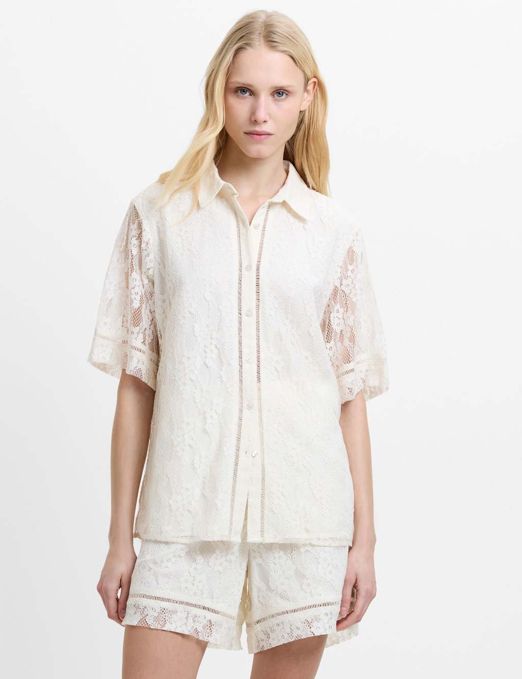 French Connection Women's Floral Lace Collared Button Through Shirt - Small - Cream - Available at M&S