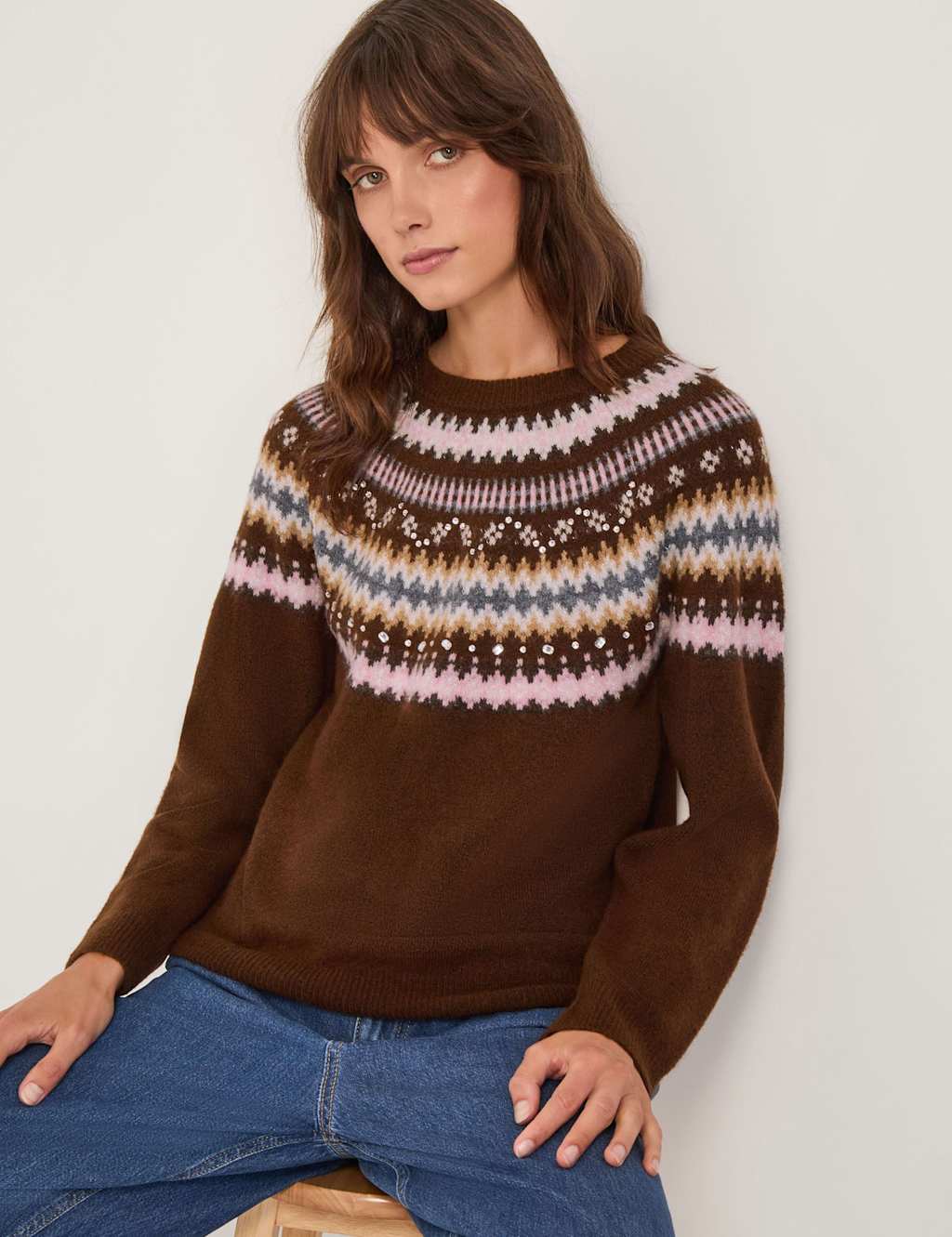 Monsoon Embellished Fair Isle Jumper Brown