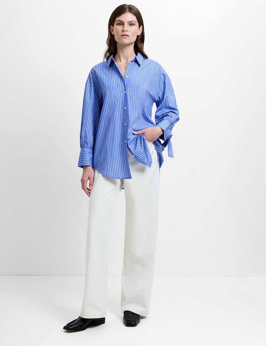 French Connection Women's Pure Cotton Striped Bow Detail Shirt - Small - Blue Mix - Available at M&S