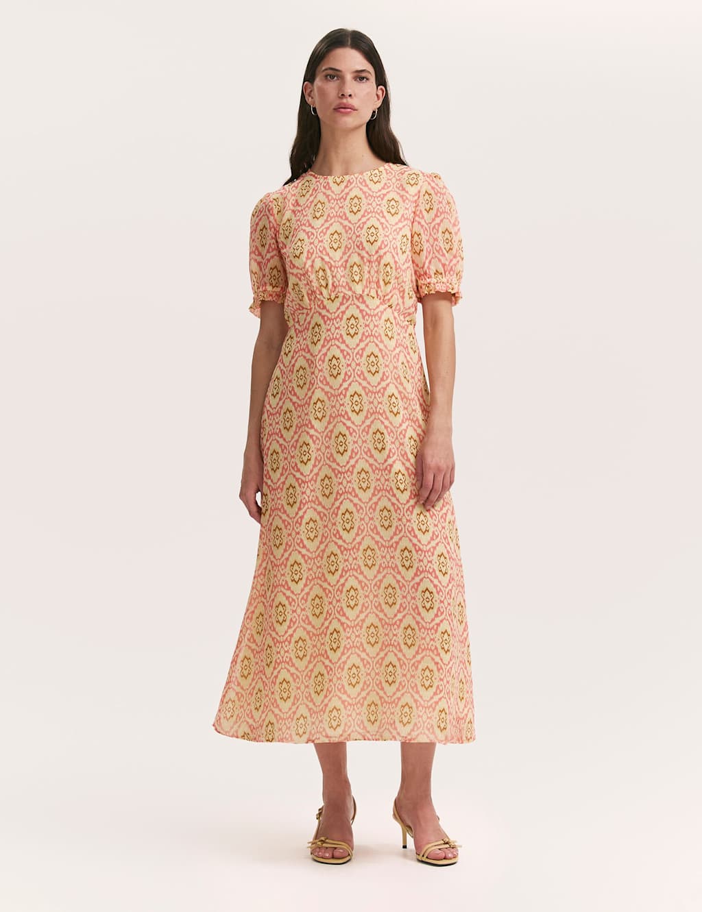 Finery London Women's Mela Coral Ikat Chiffon Midi Tea Dress - 12 - Pink Mix - Available at M&S