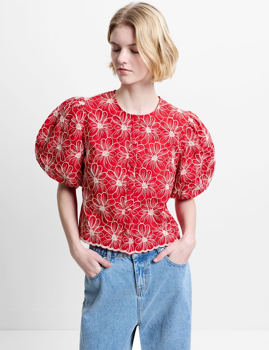 French Connection Women's Cotton Blend Floral Crew Neck Top - Small - Red Mix - Available at M&S