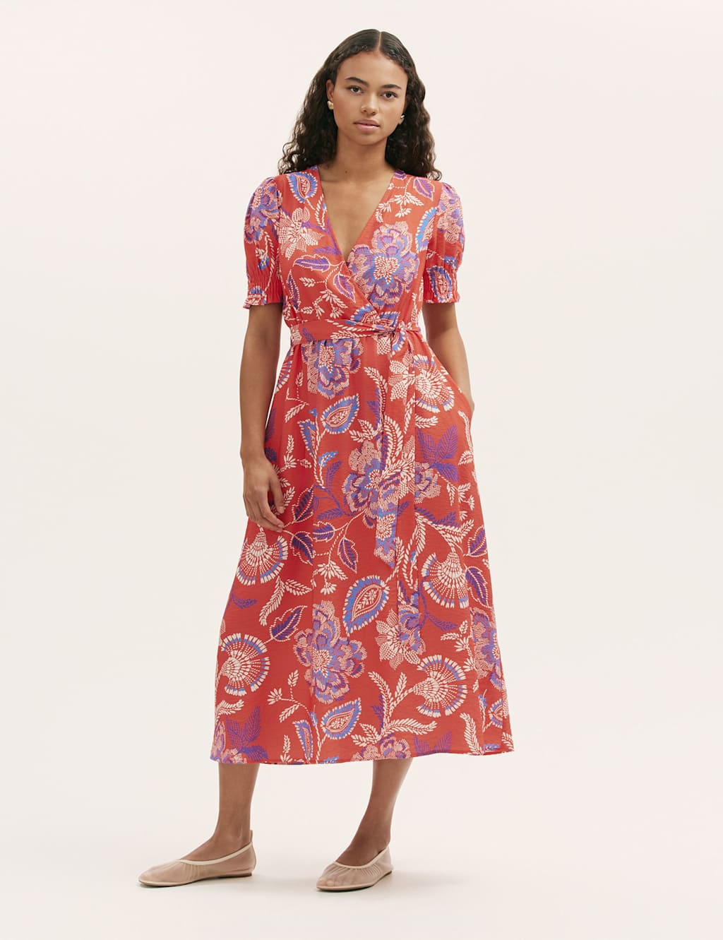 Finery London Women's Floral V-Neck Tie Waist Midi Wrap Dress - 10 - Red Mix - Available at M&S