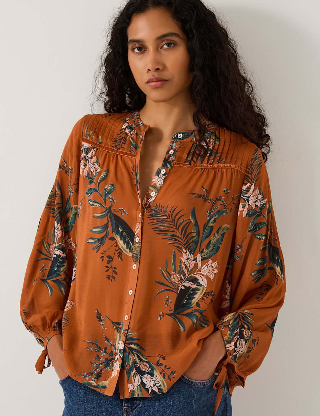 Monsoon Floral Collarless Pintuck Tie Detail Blouse Copper