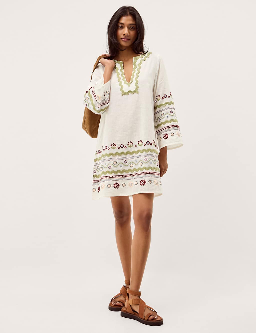 Monsoon Women's Pure Cotton Embroidered V-Neck Relaxed Tunic - Medium - Ivory - Available at M&S