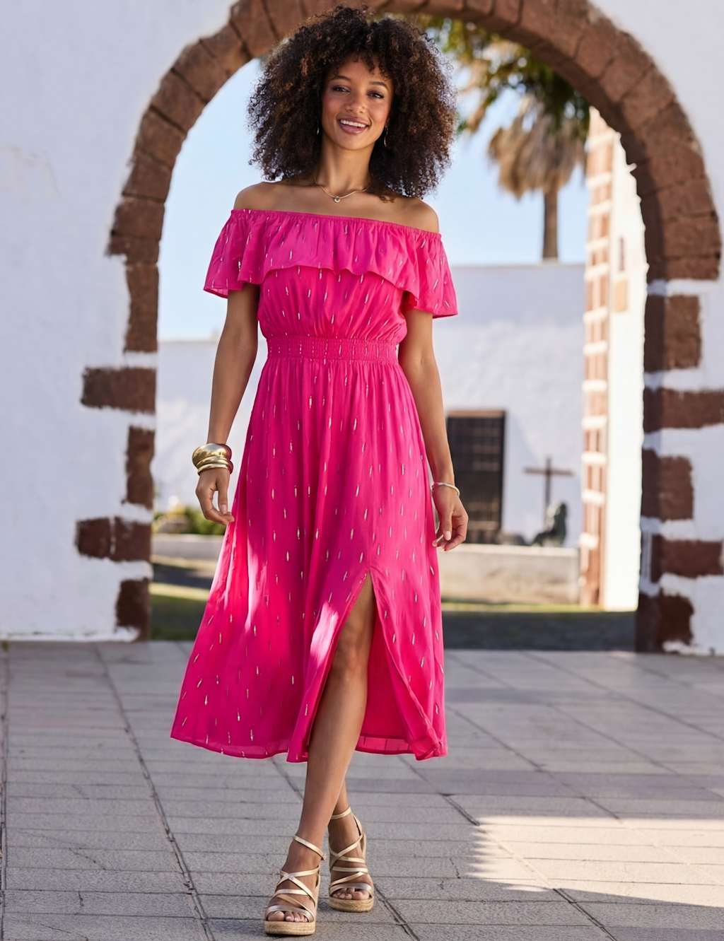 Sosandar Women's Textured Bardot Shirred Midi Skater Dress - 16 - Pink Mix - Available at M&S