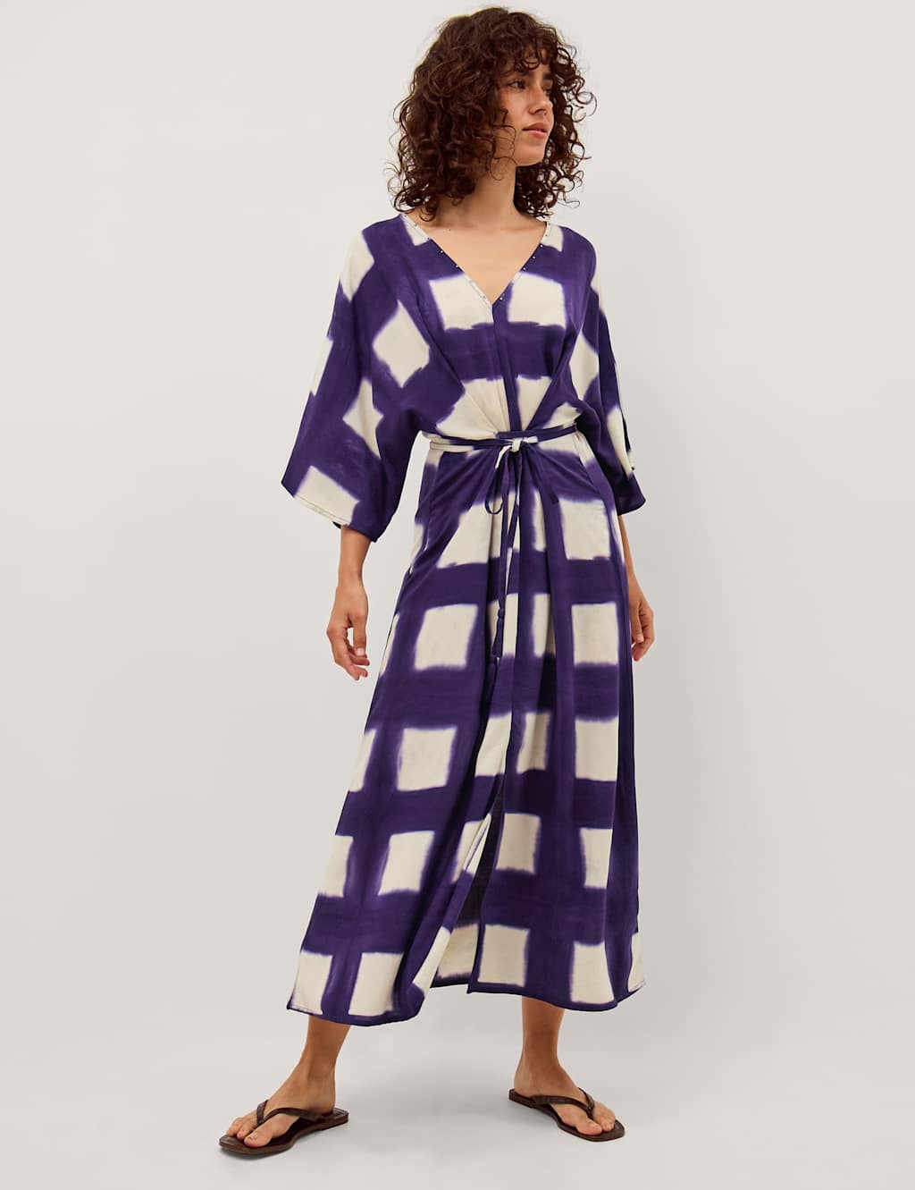 Monsoon Women's Check Midaxi Kaftan Dress - Large - Navy Mix - Available at M&S