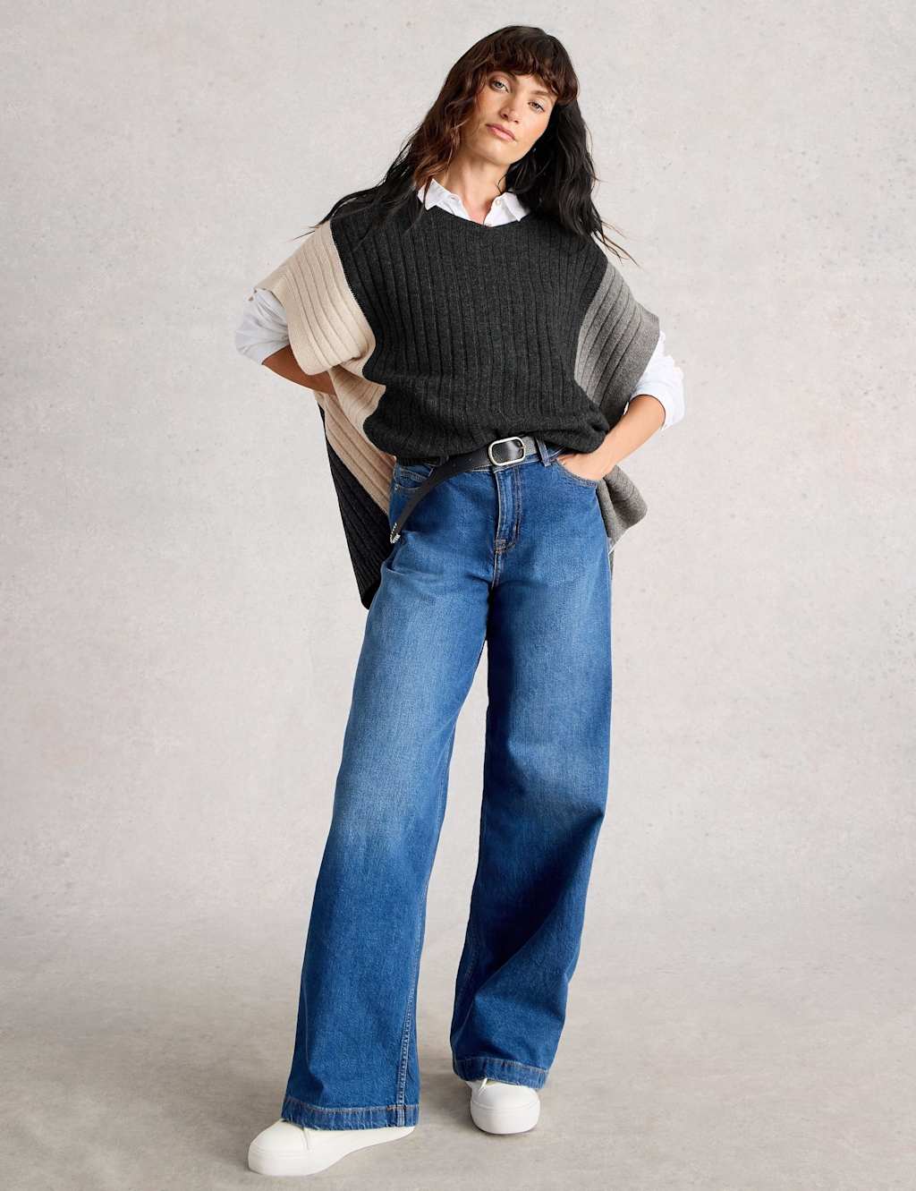 White Stuff Wool Rich Knitted Colour Block Poncho Grey Mix