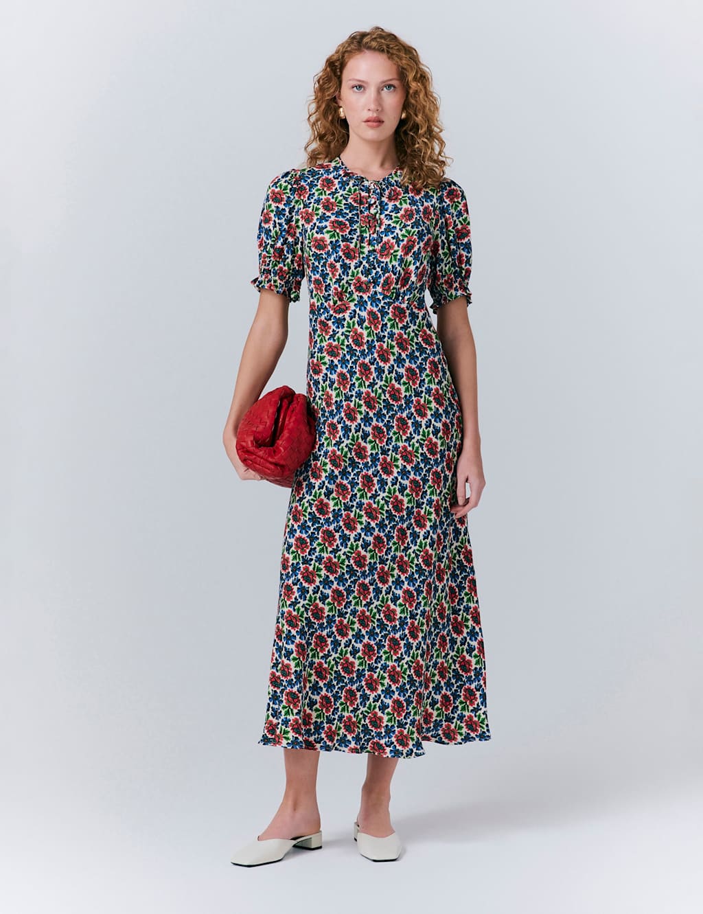 Crepe Floral Puff Sleeve Midaxi Tea Dress