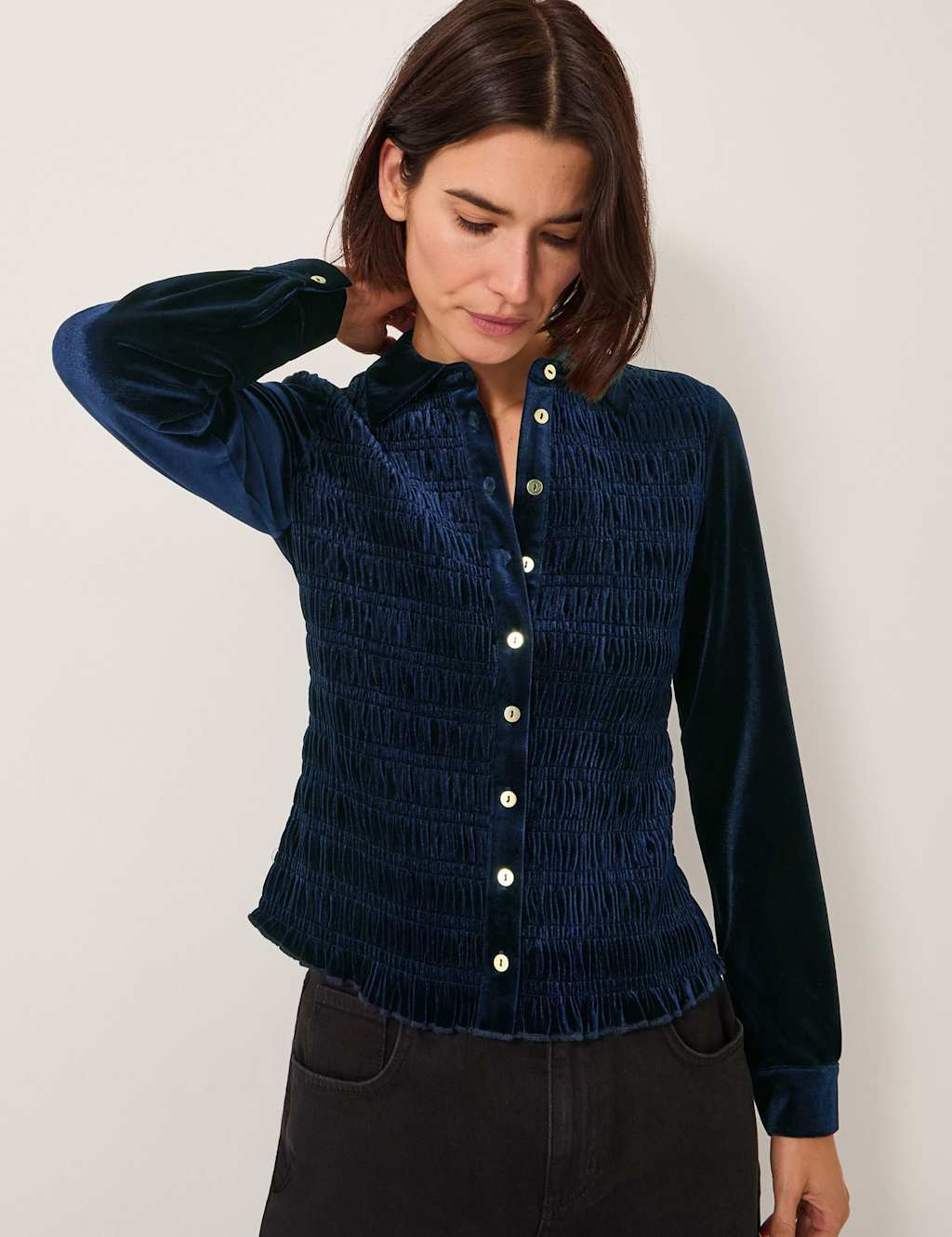 Monsoon Velvet Smocked Shirt Dark Blue