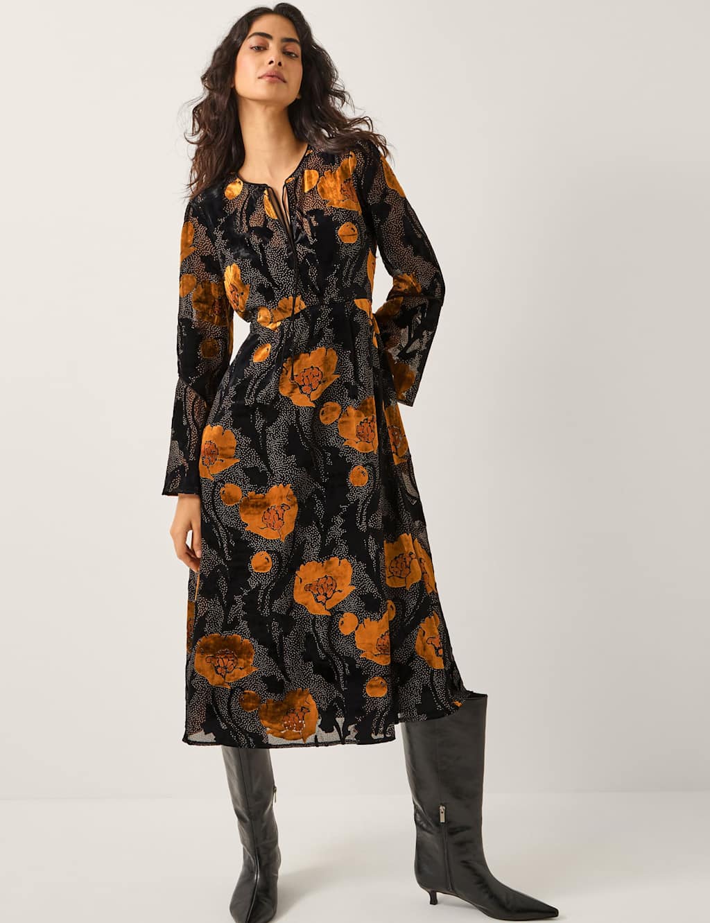 Monsoon Polka Dot Tie Neck Midi Waisted Dress Black