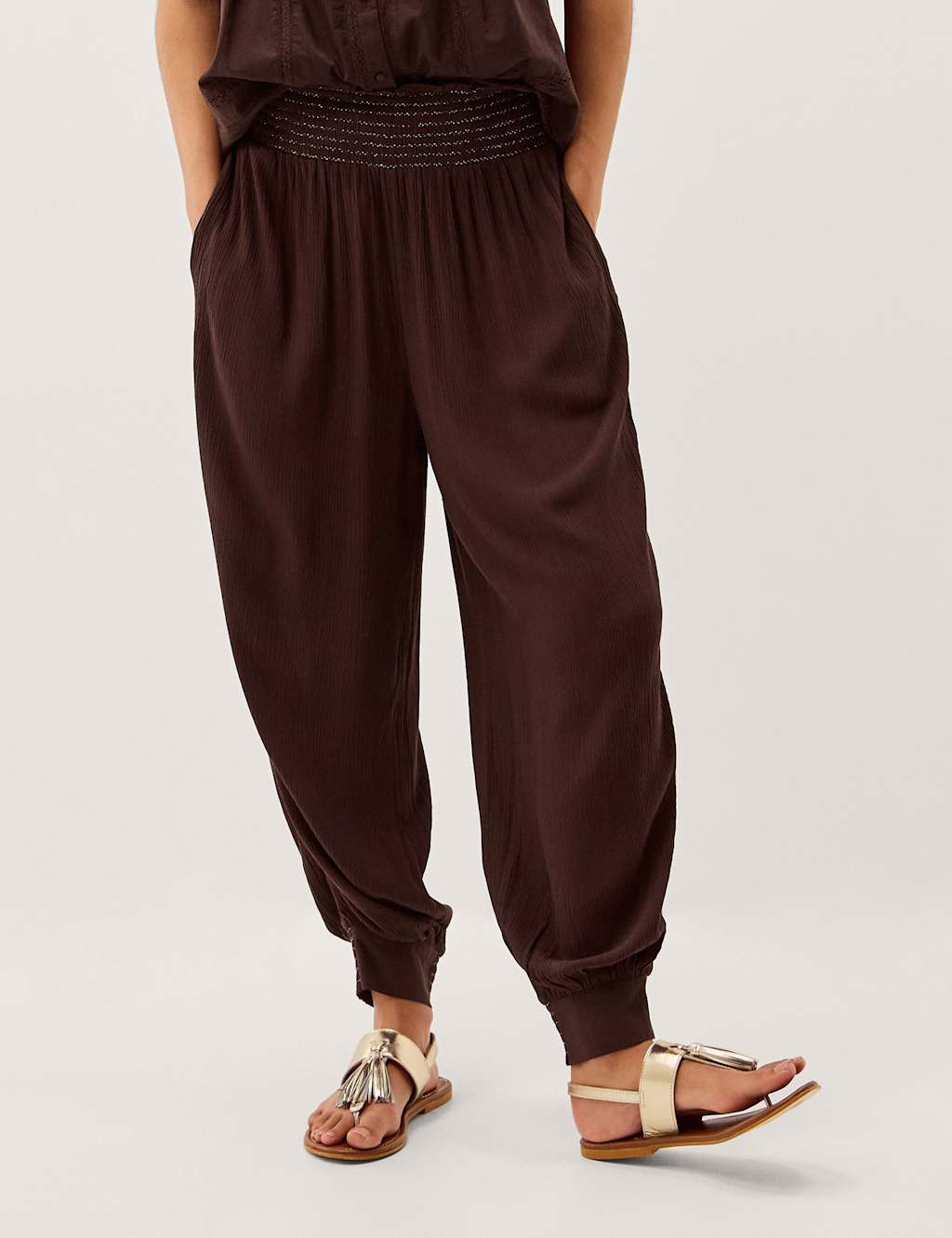 Monsoon Women's Shirred Relaxed Joggers - Small - Brown - Available at M&S