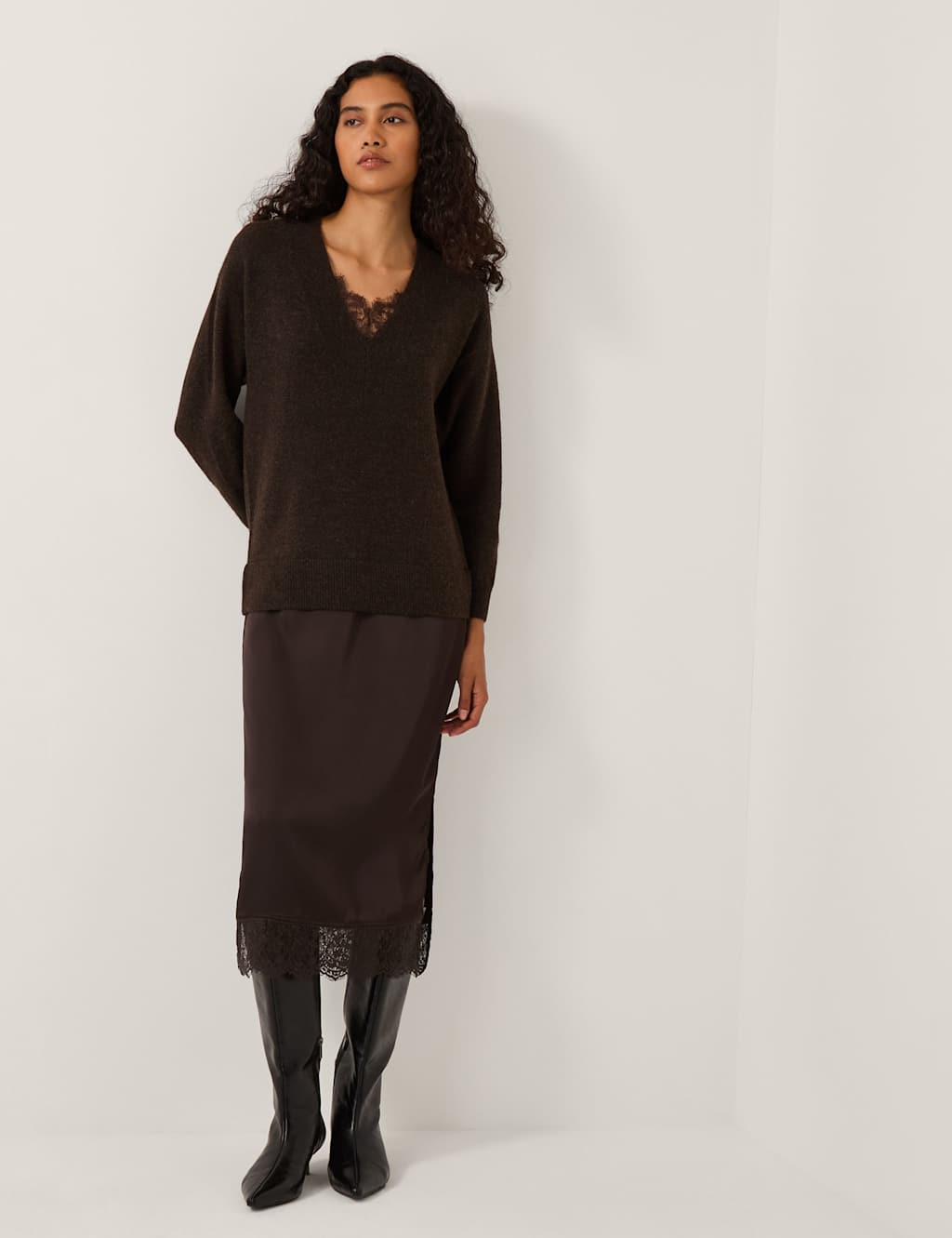 Monsoon Lace V-Neck Midi Jumper Dress Chocolate