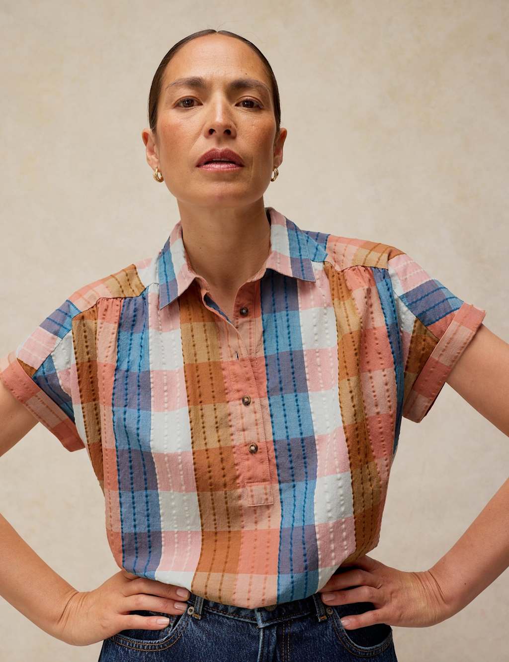 White Stuff Women's Cotton Rich Checked Popover Blouse - 12 - Pink Mix - Available at M&S