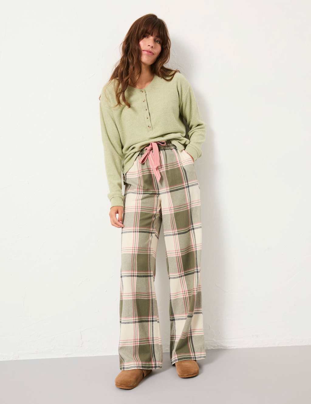 FatFace Pure Cotton Checked Pyjama Bottoms Green Mix