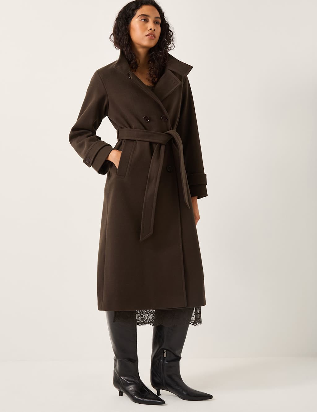 Monsoon Belted Funnel Neck Trench Coat Chocolate
