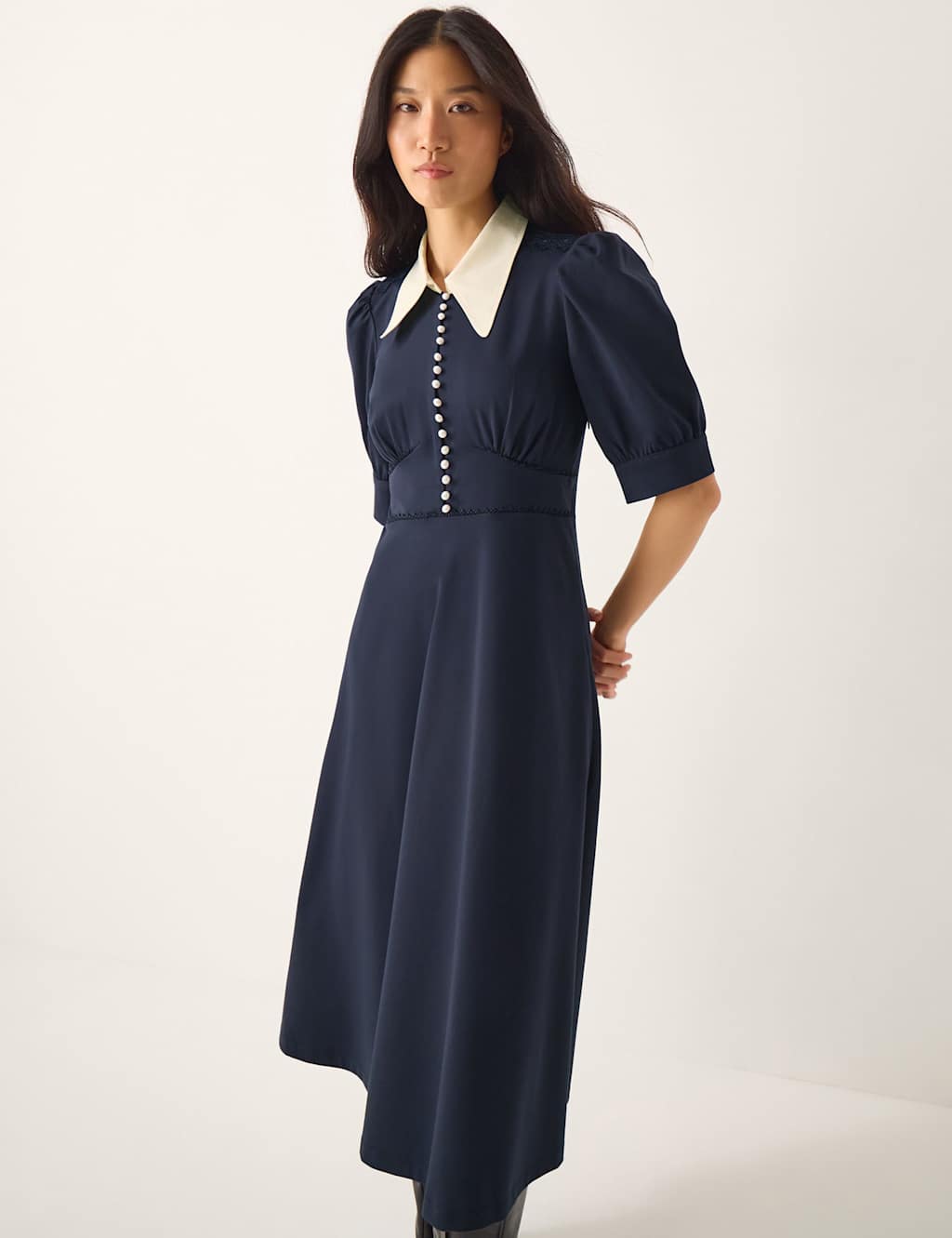 Monsoon Jersey Collared Midi Waisted Dress Navy