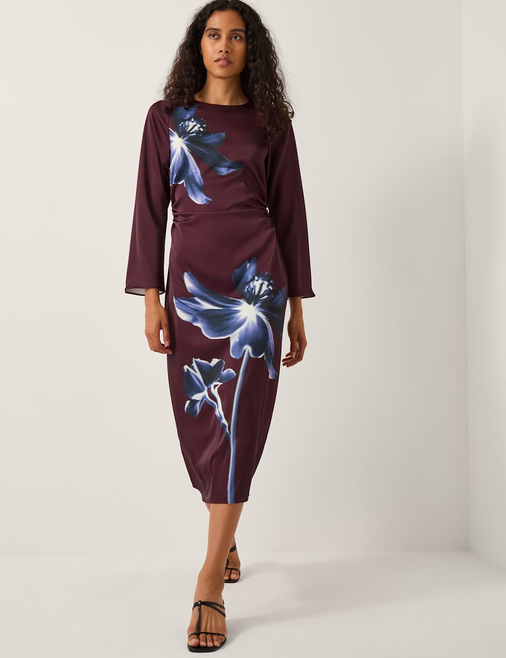 Monsoon Floral Ruched Midi Bodycon Dress Burgundy