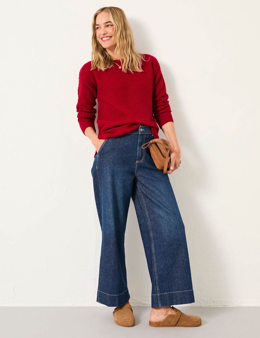 FatFace Textured Crew Neck Split Hem Jumper Cherry Red