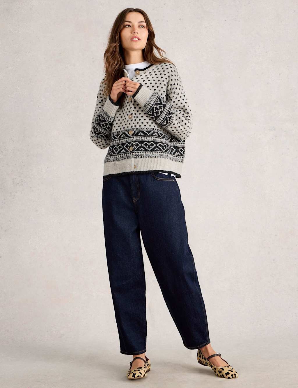 White Stuff Textured Crew Neck Cardigan with Wool White Mix