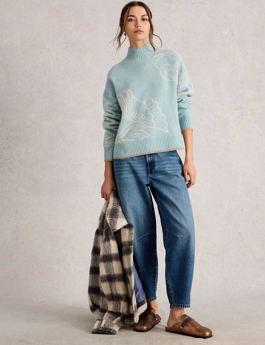 White Stuff Wool Rich Floral Funnel Neck Jumper Blue Mix