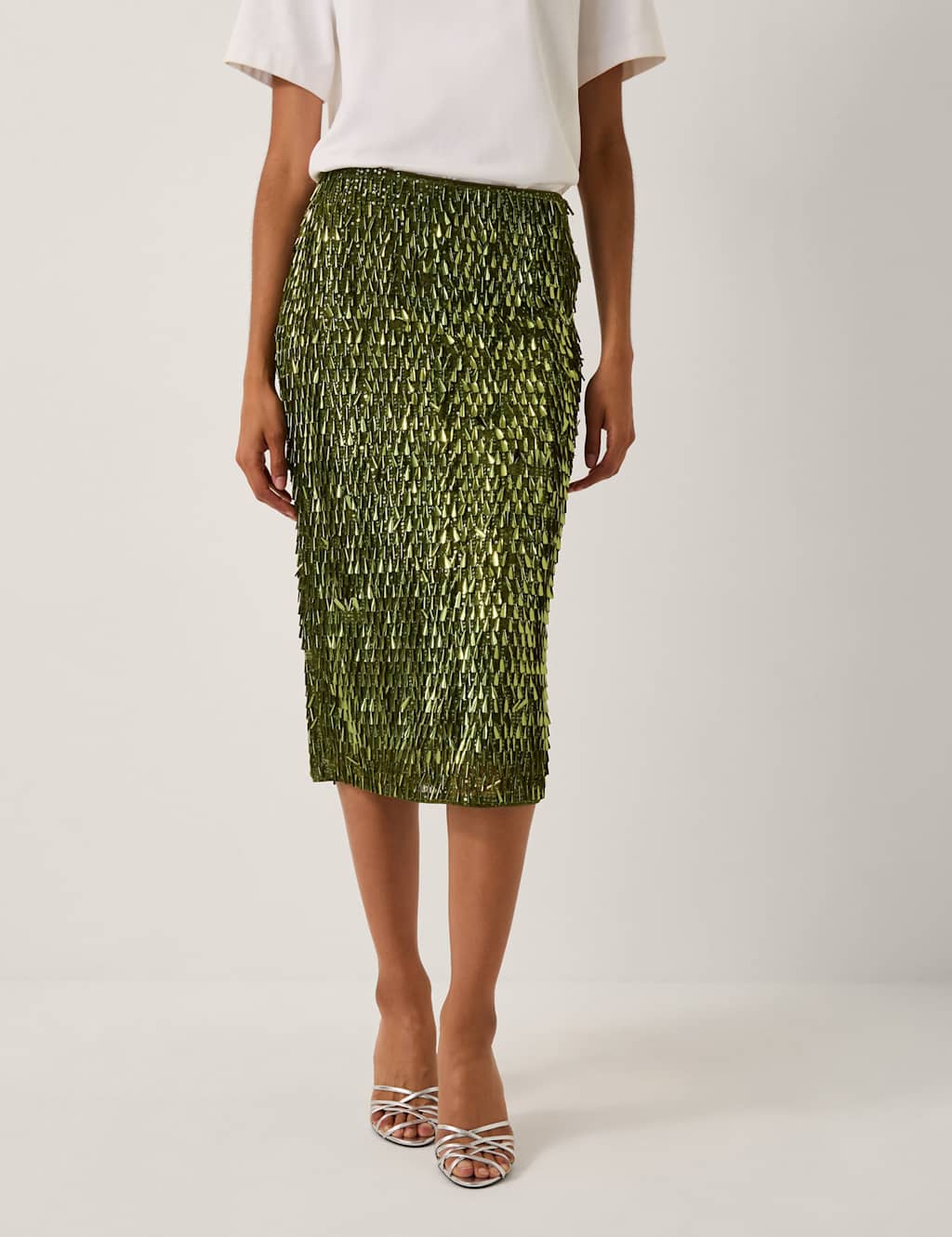 Monsoon Sequin Midi A-Line Skirt Olive