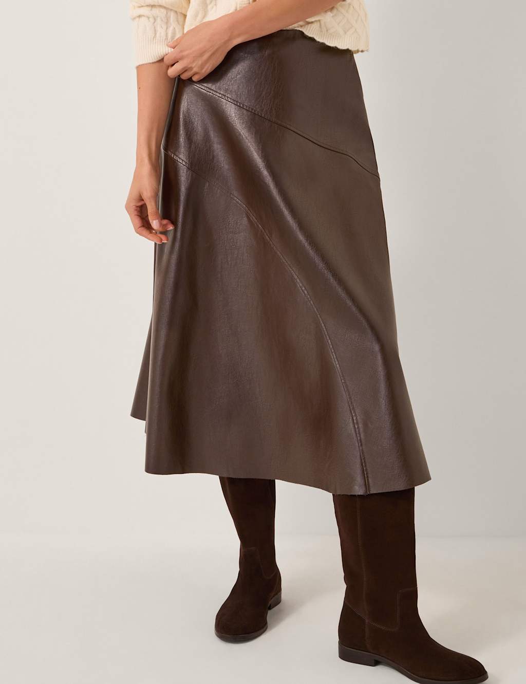 Monsoon Faux Leather Midi A-Line Skirt Chocolate