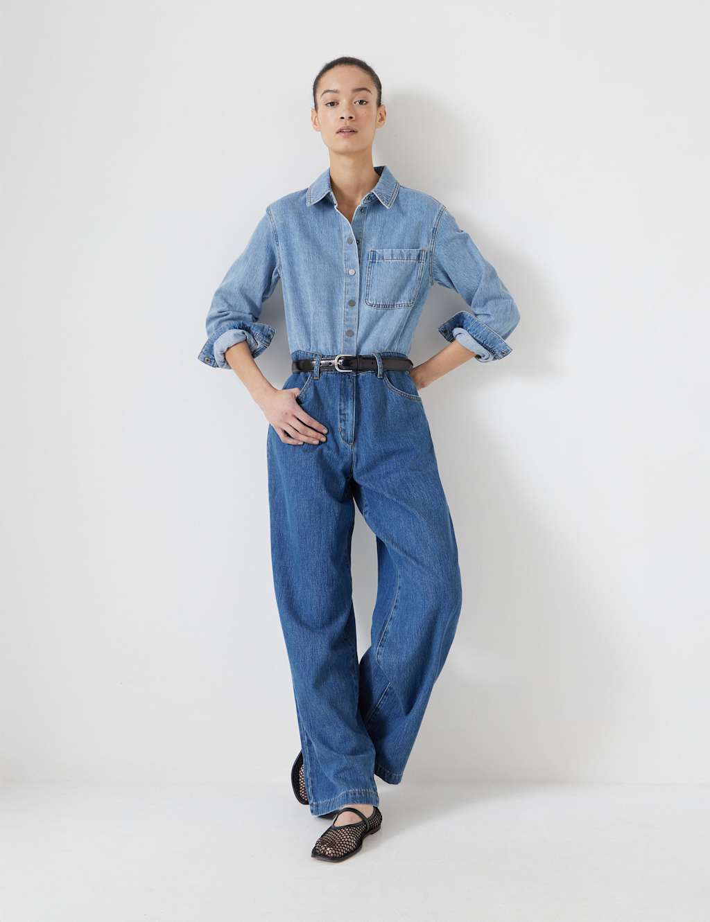 Lyocell Denim Two-Tone Long Sleeve Jumpsuit