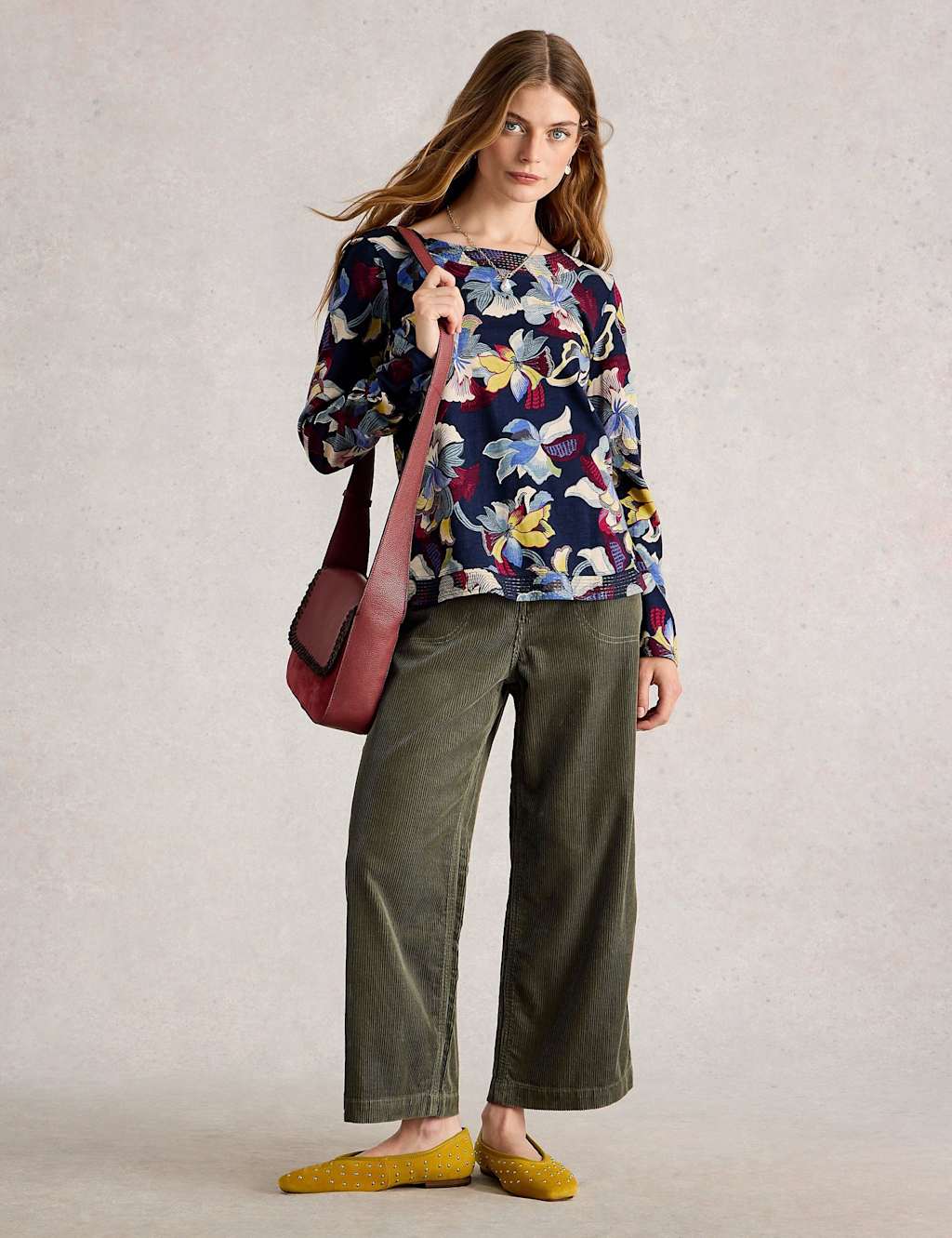 White Stuff Pure Cotton Floral Crew Neck Top Navy Mix