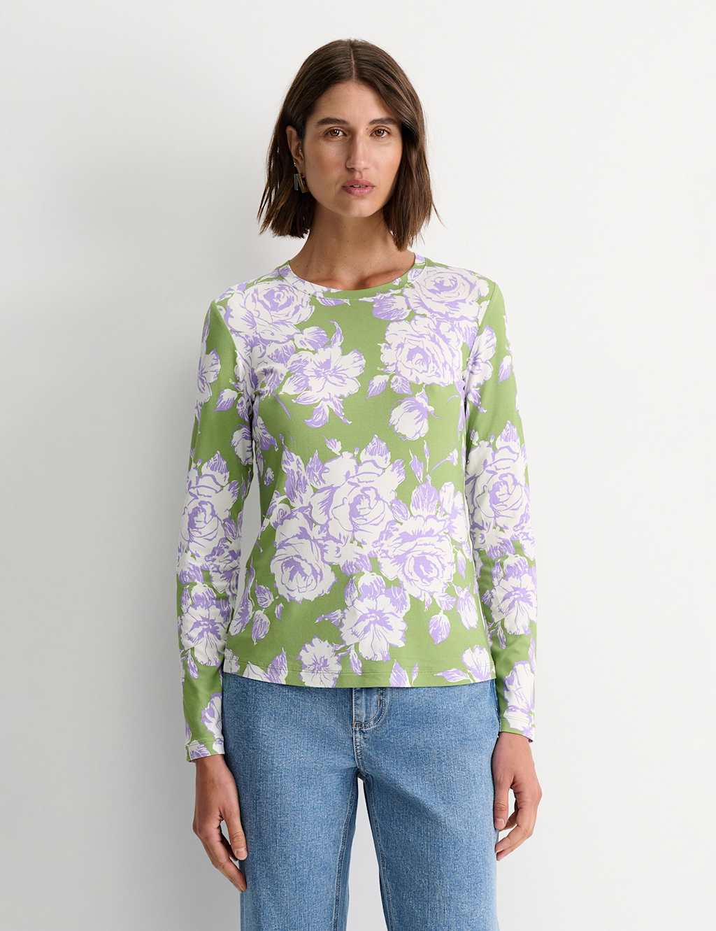 Sportscraft Jersey Floral Round Neck Top Green Mix
