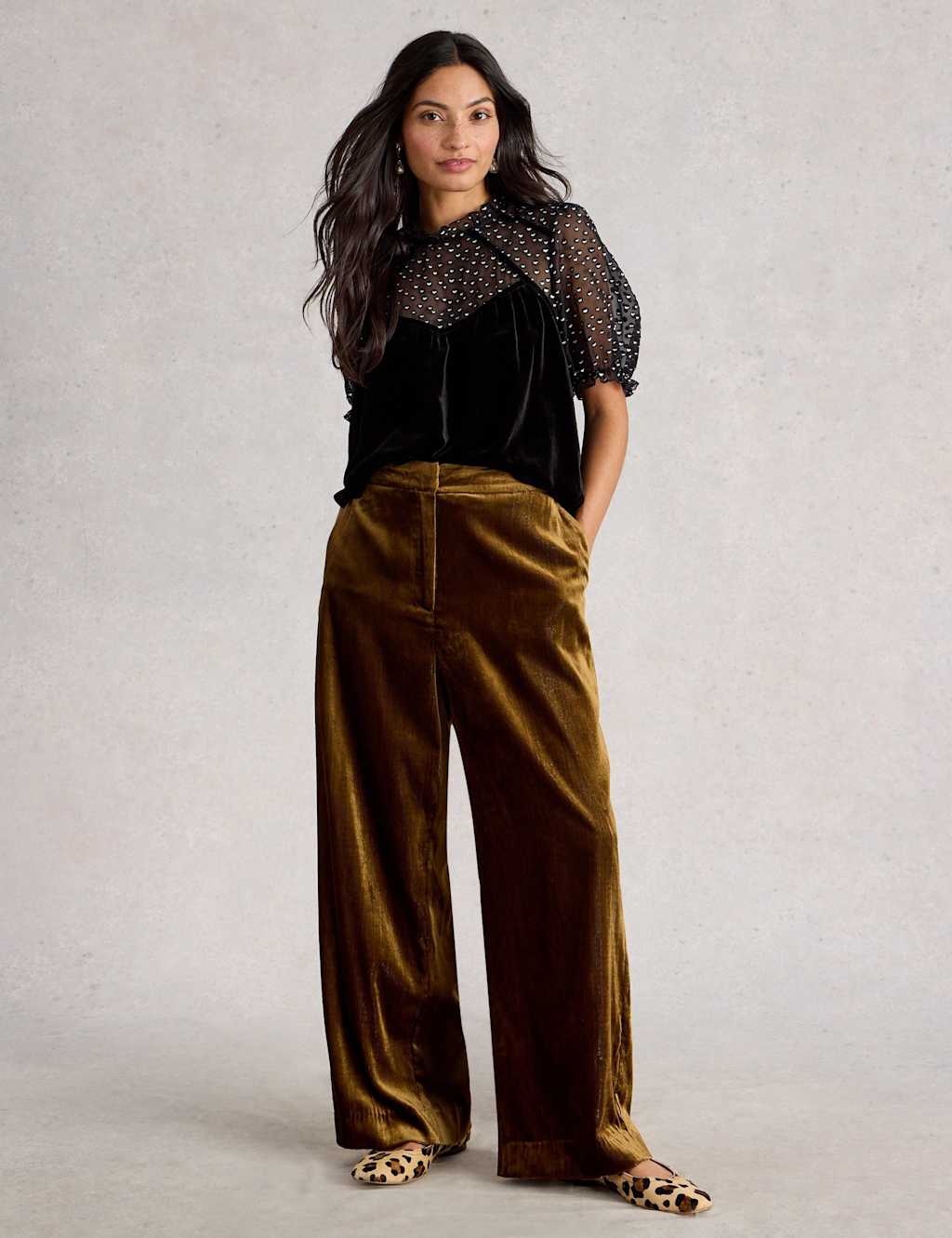 White Stuff Velvet and Mesh Printed Frill Puff Sleeve Blouse Black