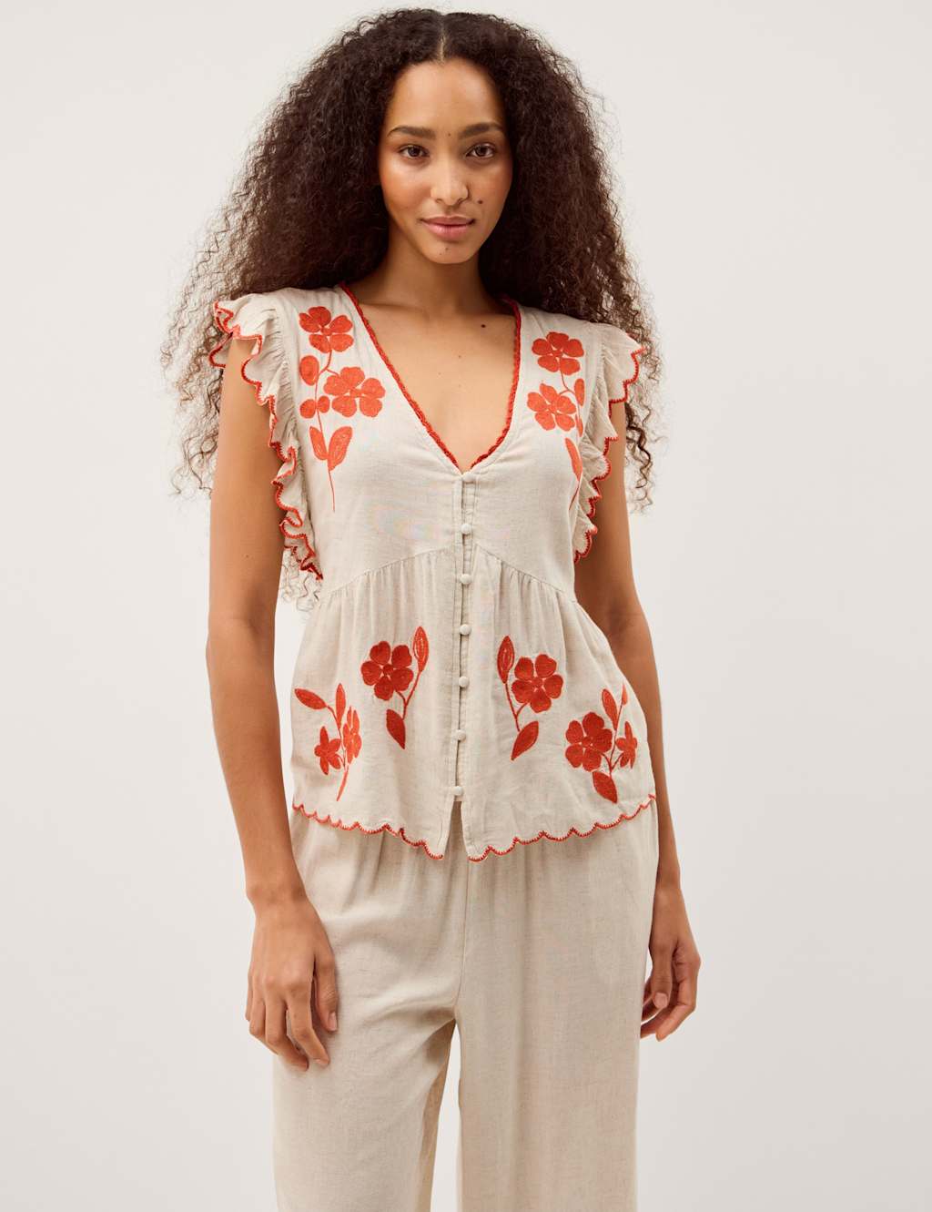 Monsoon Women's Embroidered V-Neck Blouse - Extra Large - Natural Mix - Available at M&S
