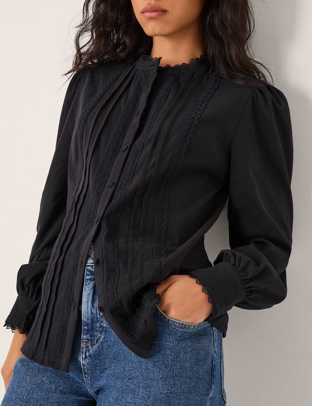 Monsoon Pure Cotton Pintuck Lace Trim Shirt Navy