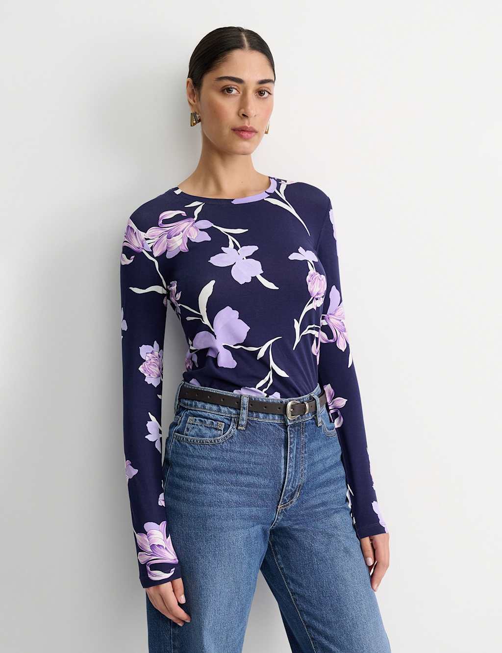 Sportscraft Jersey Floral Round Neck Top Navy Mix