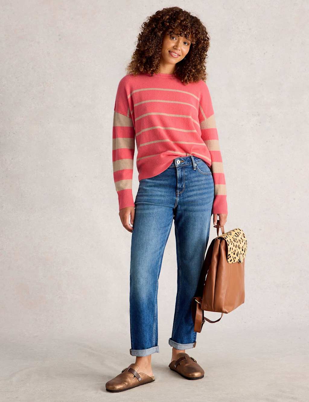 White Stuff Women's Pure Cashmere Striped Crew Neck Jumper - 12 - Red Mix, Red Mix