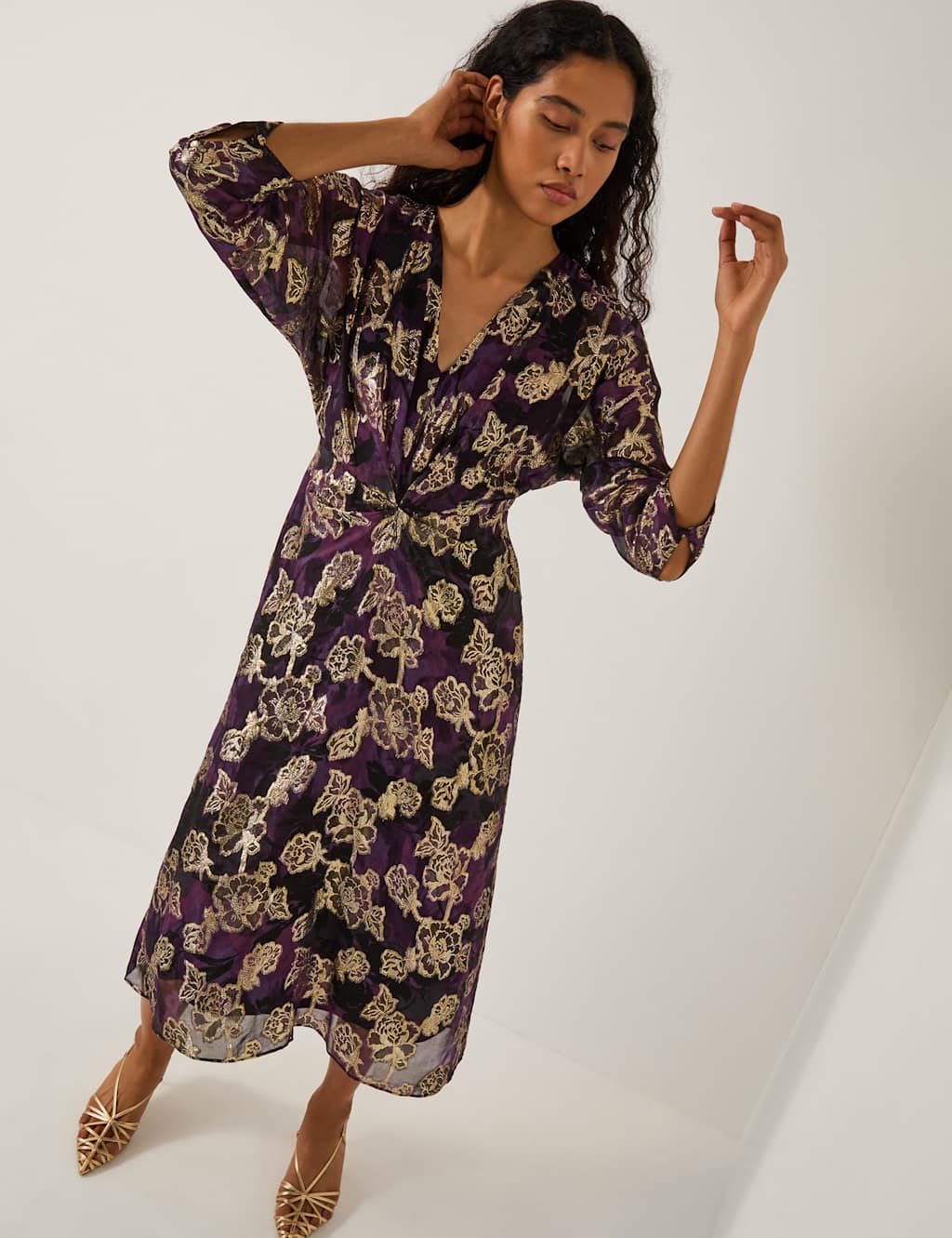 Monsoon Floral V-Neck Midi Waisted Dress Purple
